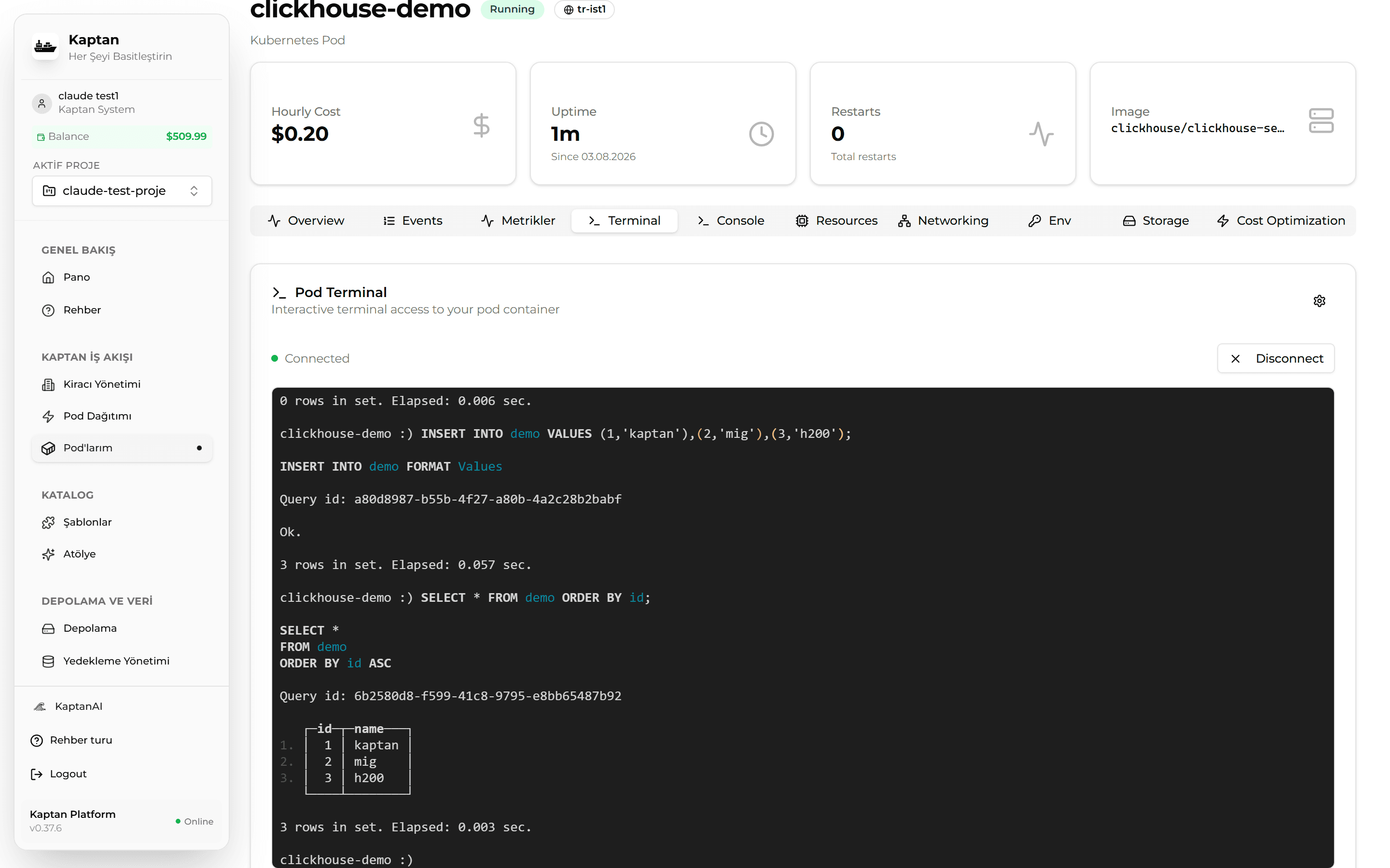 ClickHouse — pod terminalinde clickhouse-client SQL oturumu