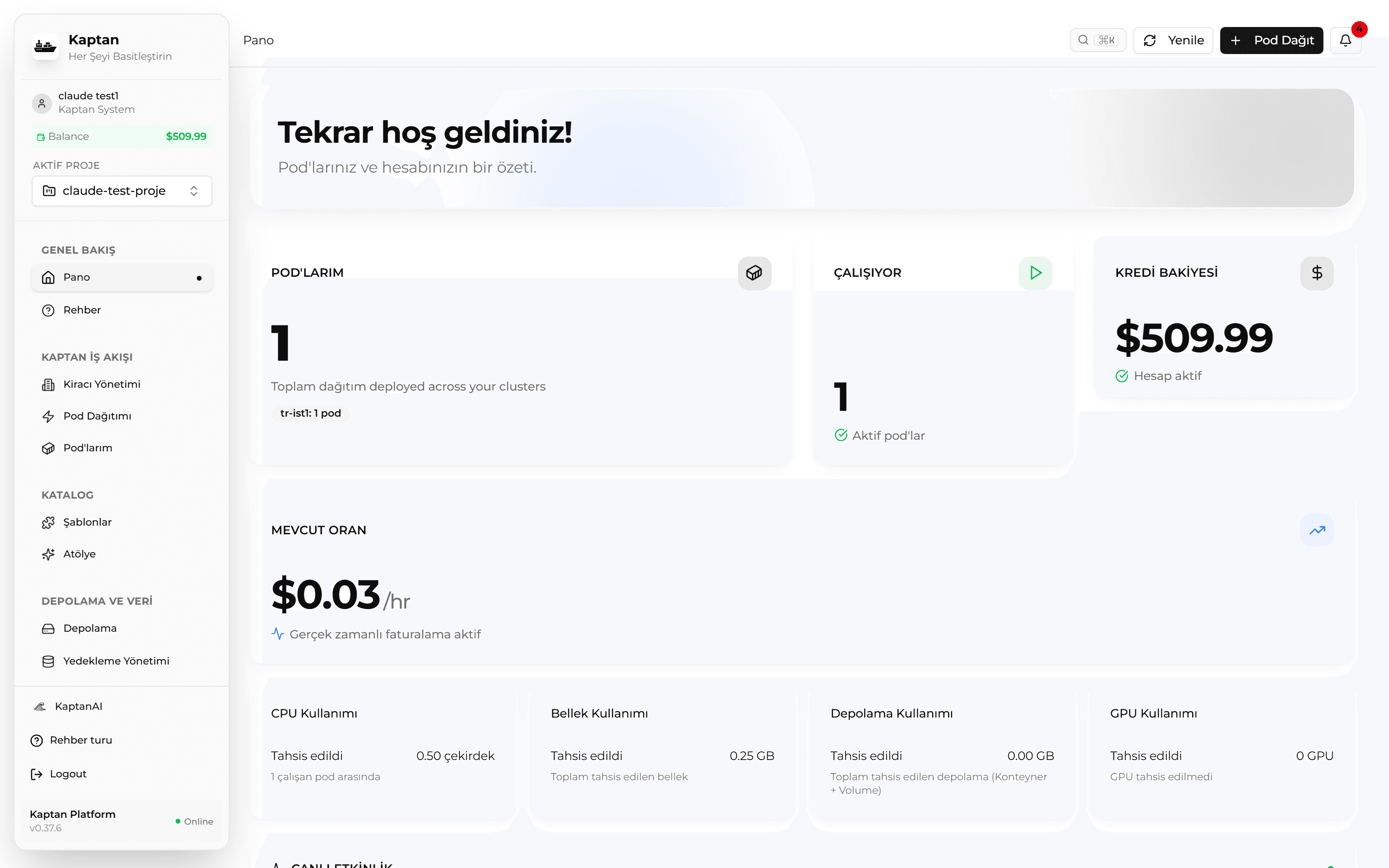 Kaptan Panosu — pod özeti, bakiye ve saatlik maliyet