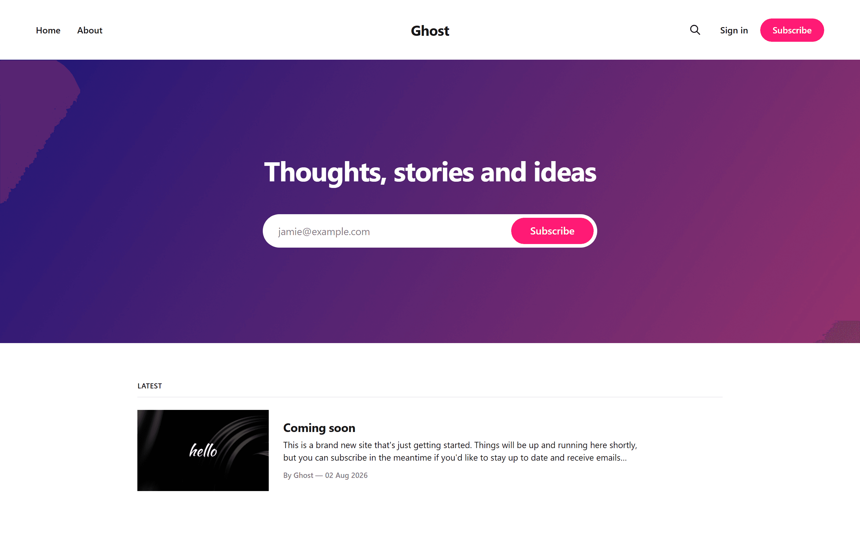 Ghost blog ana sayfası (Casper teması) — relay üzerinden
