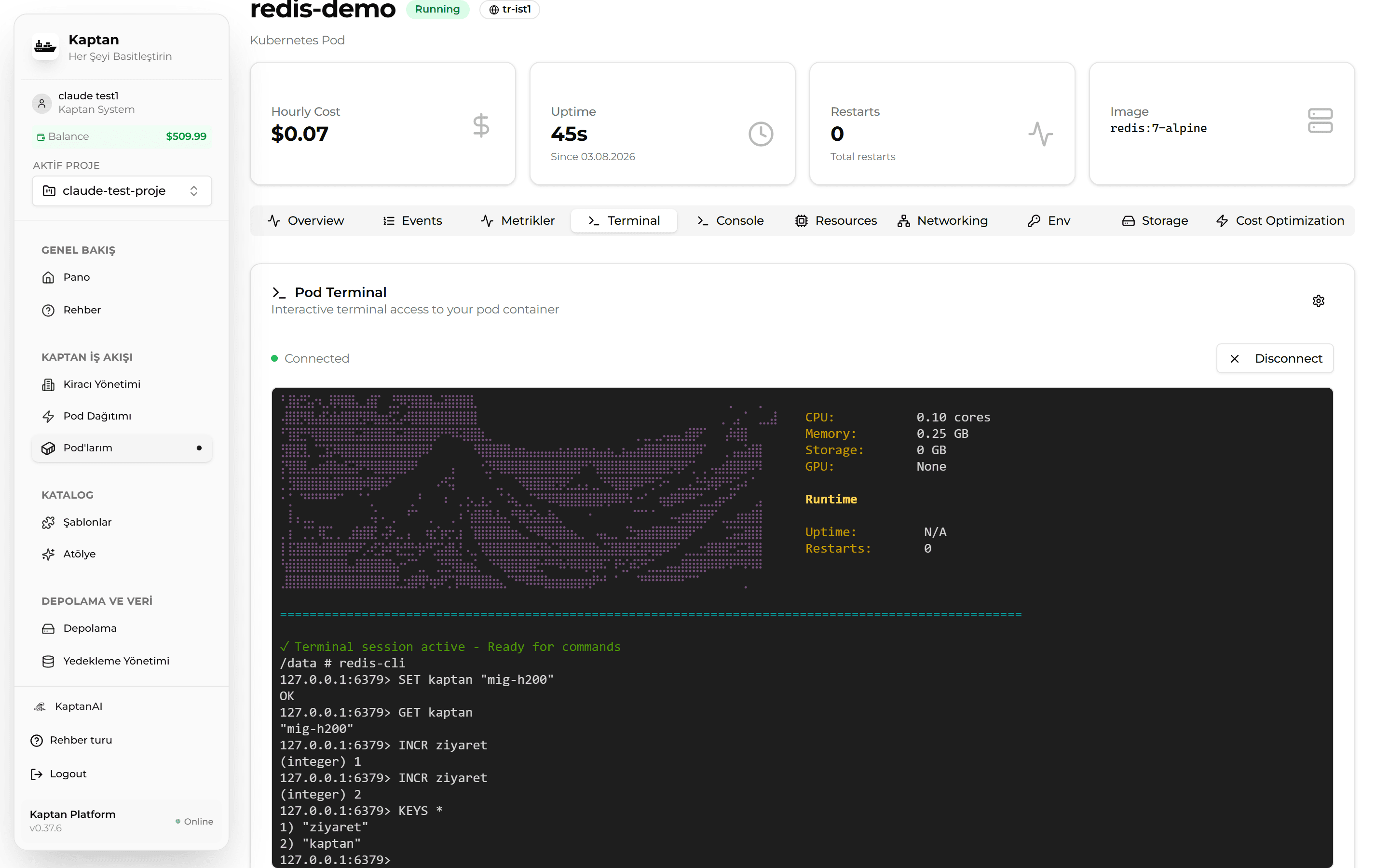 Redis — pod terminalinde redis-cli oturumu