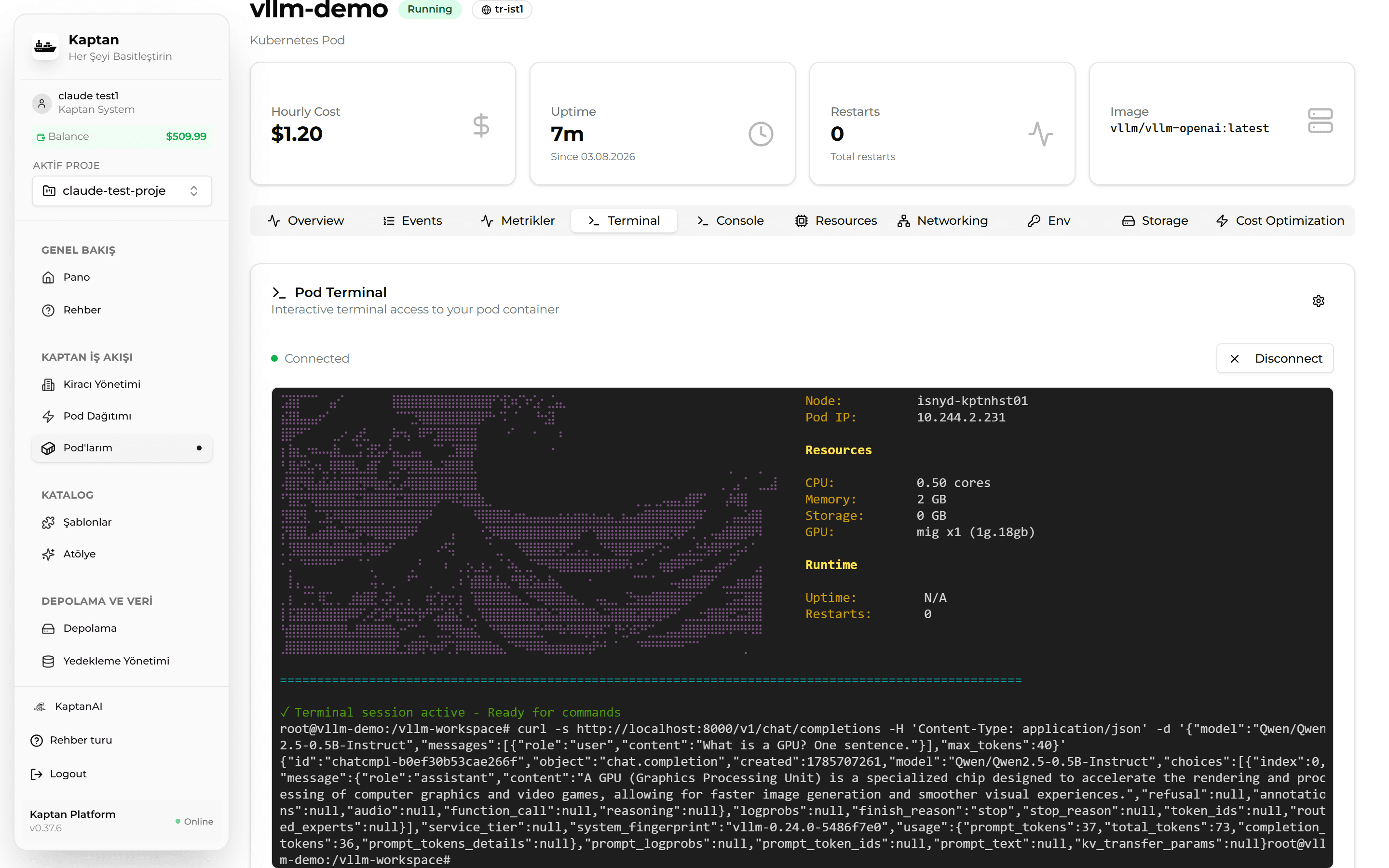vLLM — pod terminalinde localhost:8000 üzerinden OpenAI-uyumlu istek/yanıt