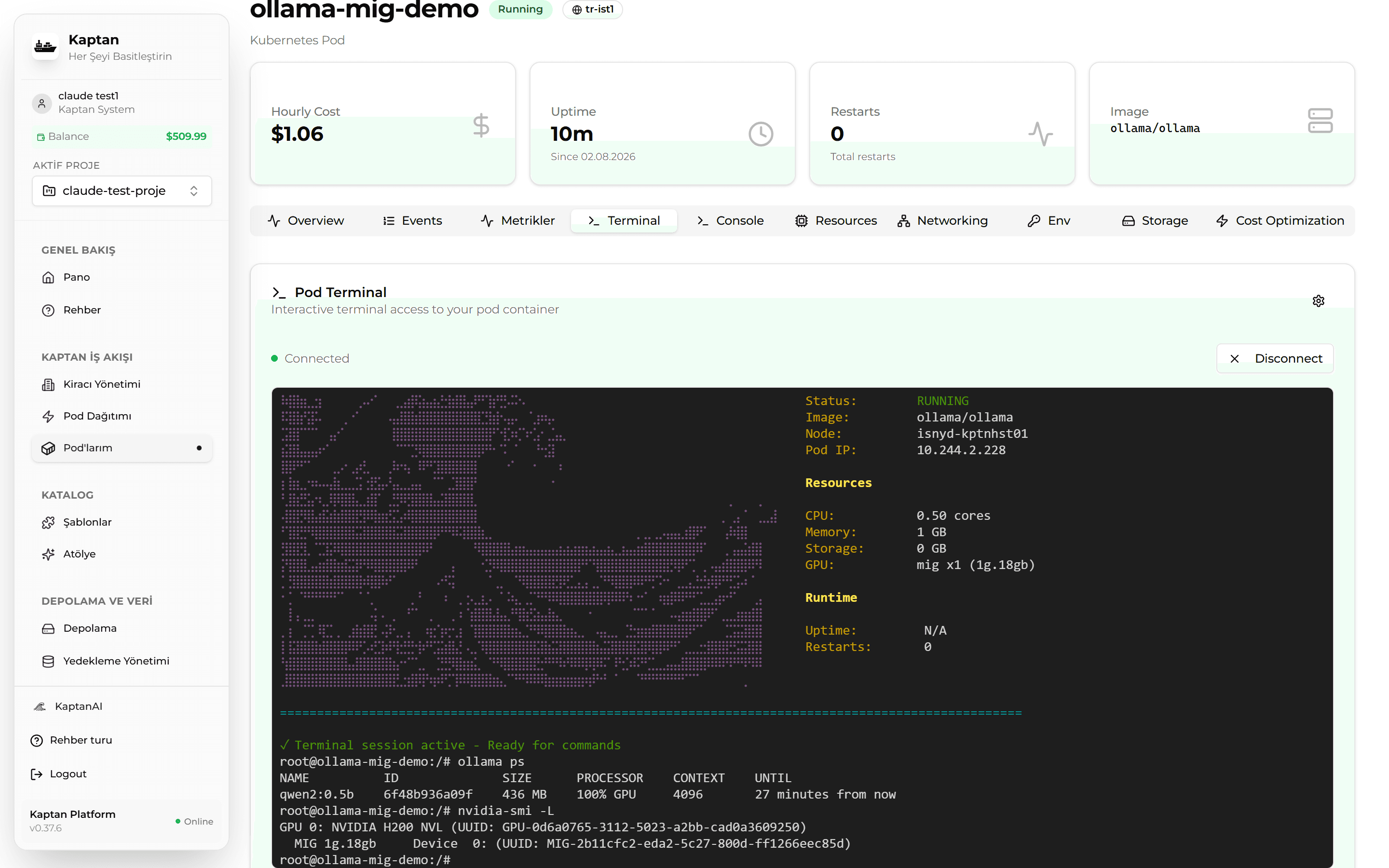 Terminal — ollama ps ve nvidia-smi ile MIG üzerinde çalışma